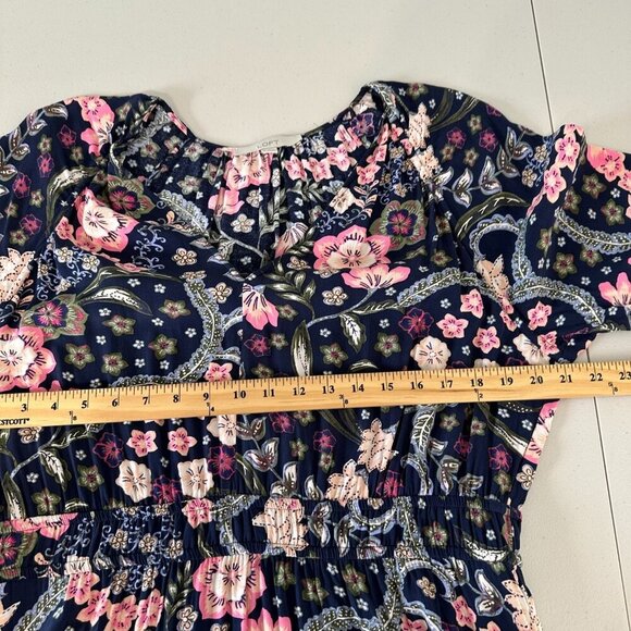 LOFT Shirred Flounce Tiered Midi Dress Navy Blue Floral Boho XL - Picture 6 of 9